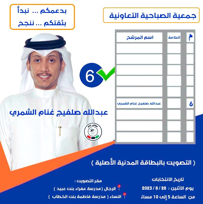#جمعية_الصباحية_التعاونية

يوم الاثنين 
 28 / 8 / 2023
من {5 إلى 10 مساءً}

🔴التصويت بالبطاقة المدنية الأصلية

مقر التصويت :

📍الرجال {مدرسة عفراء بنت عبيد }

📍النساء { مدرسة فاطمة بنت الخطاب  }

عبدالله صلفيج غنام الشمري