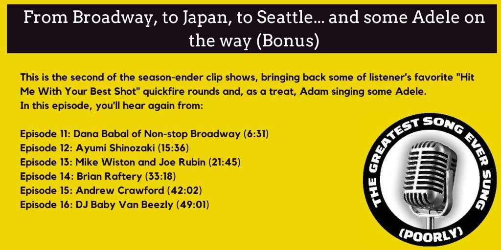 Pcast_ol's tweet photo. Greatest Song Ever Sung (Poorly) Podcast @SungPoorly @band_ol #PodTime

The podcast that takes karaoke exactly as seriously as it should be taken
Hosts: @adamnccc and @ed_cunard

From Broadway, to Japan, to Seattle... and some Adele on the way (Bonus)

https://t.co/aBLoa8xdlh https://t.co/IemQA5bY2z