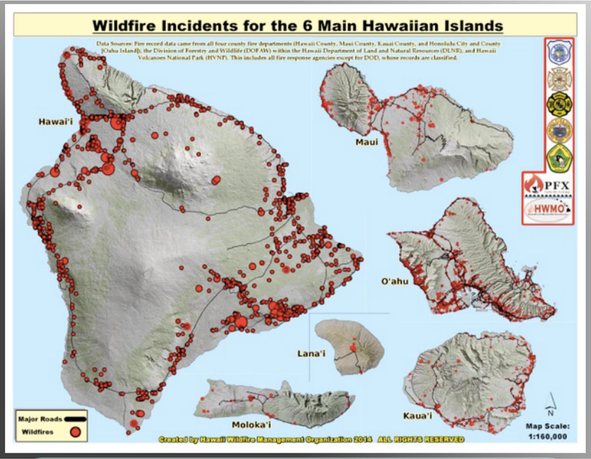 HawaiiWildfire's tweet photo. Where do the most wildfires start in Hawai`i? This is a good overlay of our communities, roads and wildfire incidents across the Hawaiian Islands. Check out https://t.co/zjSLv0kpWo
#WildfireReadyHI #wildfireprepared #wildfire #WildfireDroughtLookout #HWMO #PacificFireExchange https://t.co/J8wanI4SKq