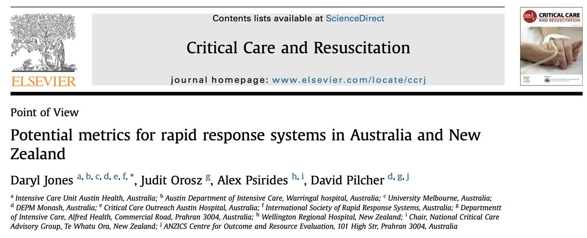 WellingtonICU's tweet image. We have a new publication in Critical Care &amp;amp; Resuscitation:
Potential metrics for rapid response systems in Australia and 
New Zealand. Online here: sciencedirect.com/science/articl…