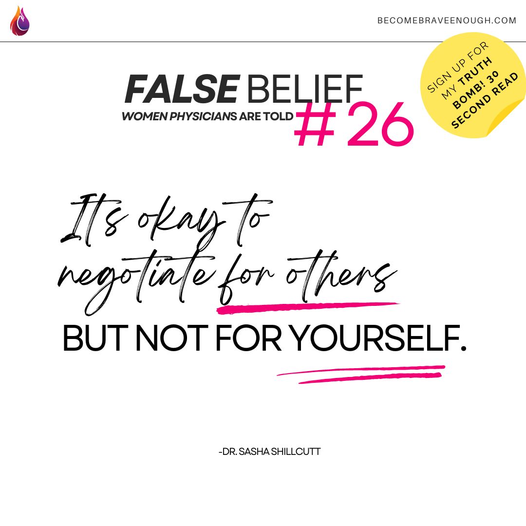 This messaging is deeply ingrained in our society: women are selfish when they negotiate for themselves. I have felt this belief many times. If you want to hear my TRUTH bomb, I want to encourage you! Sign up for my 30-second read. becomebraveenough.com/31-false-belie…