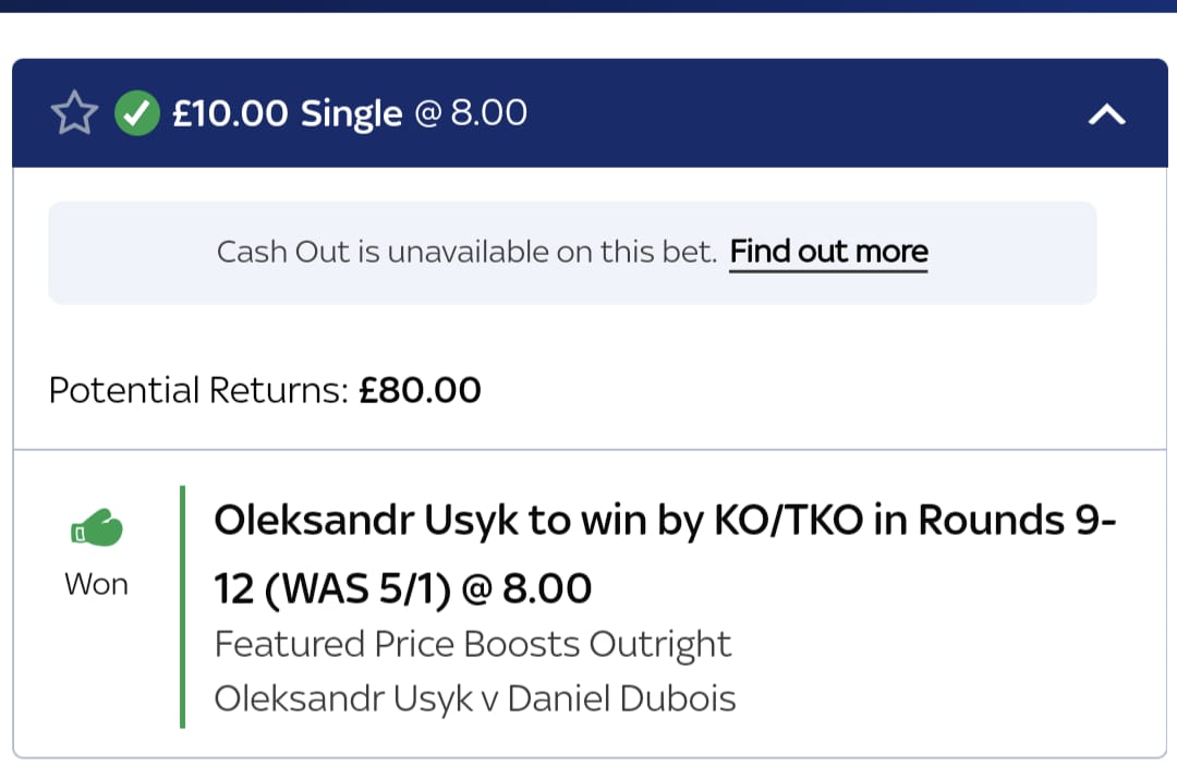 SamMcNeil2107's tweet photo. @SkyBet You often stiff us for shots on target in football, but then present a silly boost. 7/1 for an all day round 9-12 KO for usyk. Is someone getting sacked? 😂 #UsykDubois https://t.co/27eags2V9K