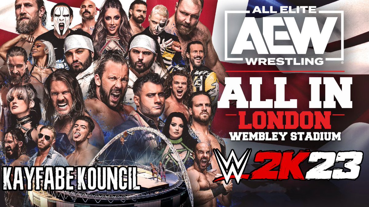 KayfabeKouncil's tweet photo. The biggest wrestling show ever is here!

See who wins and loses in the #AEW #ALLIN PPV sim in #WWE2K23.

https://t.co/c8p4Mcvsfp https://t.co/SwVIhjGutb