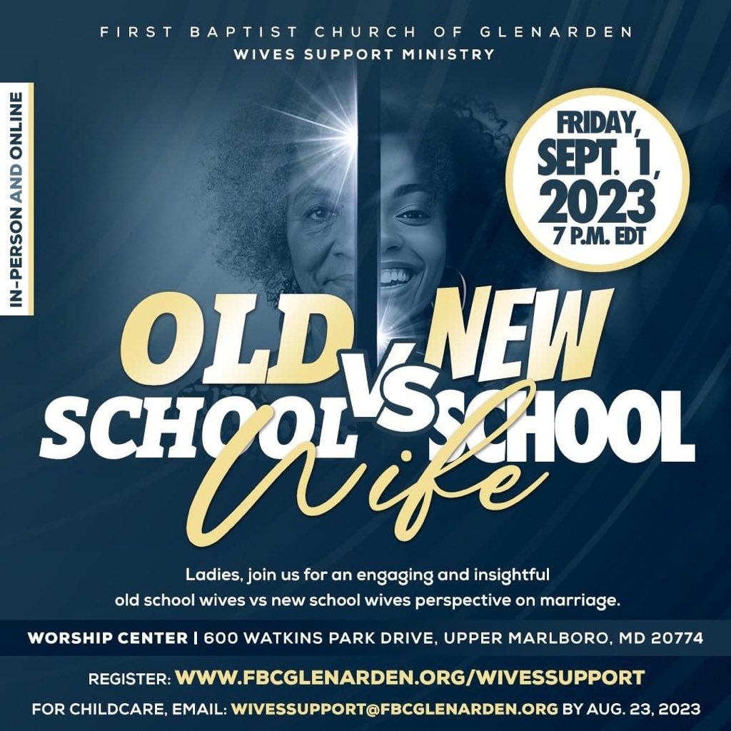 📢 Calling all wives! 

Join the Wives Support Ministry, on Friday, September 1 at 7 p.m. EDT, for an engaging and insightful discussion surrounding different generational perspectives on marriage. We’d love to know if you’re coming! To register, visit fbcglenarden.org/wivessupport