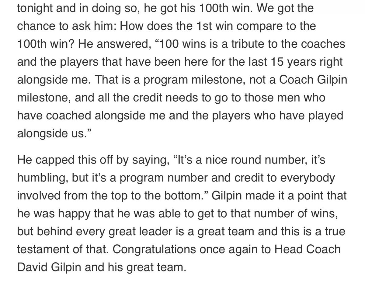 Last nights 100th career win has led to really nice congratulatory messages. EACH AND EVERY message has meant a tremendous amount to me. 
Below is a short part of an interview I did on the topic with the <a href="/ProgressTimes/">Progress Times</a> last night after the game. It summarizes those 100 wins.