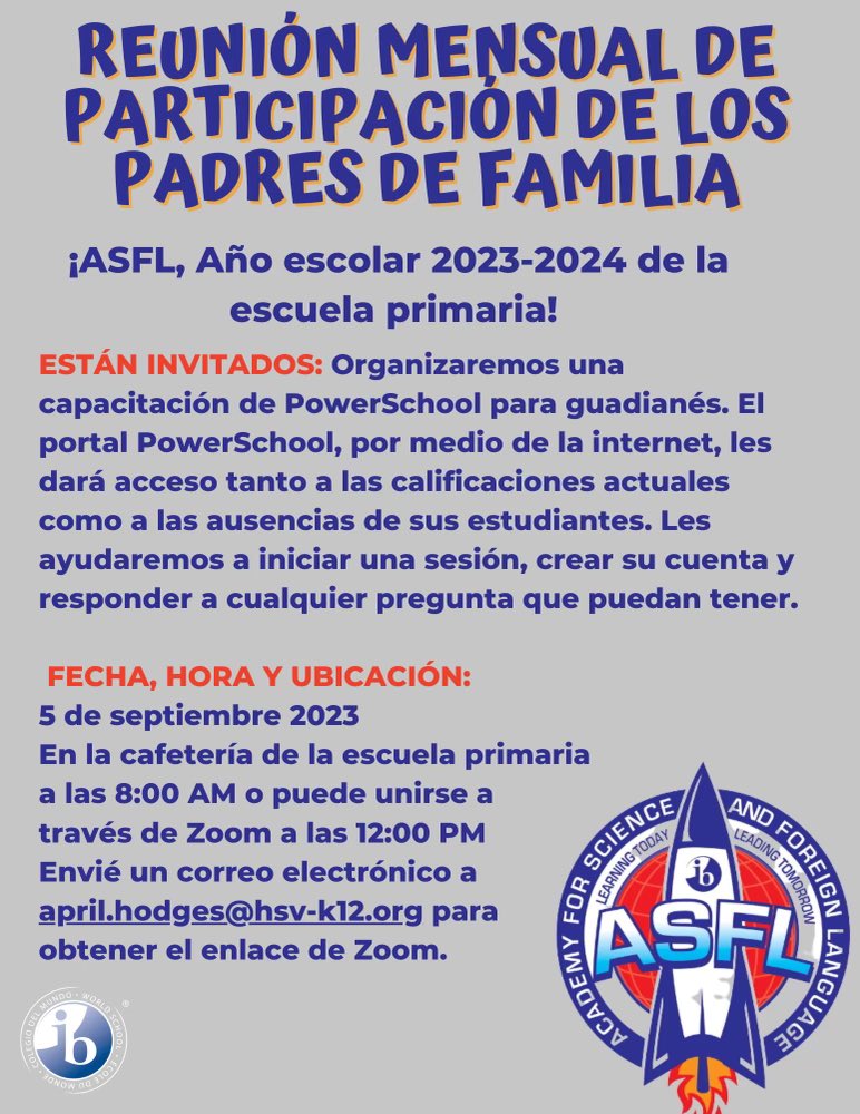 Join our wonderful parent coordinator, Ms Hodges, for our monthly parent meeting. <a href="/ASFLptsa/">ASFL PTA</a> @HSVMagnet