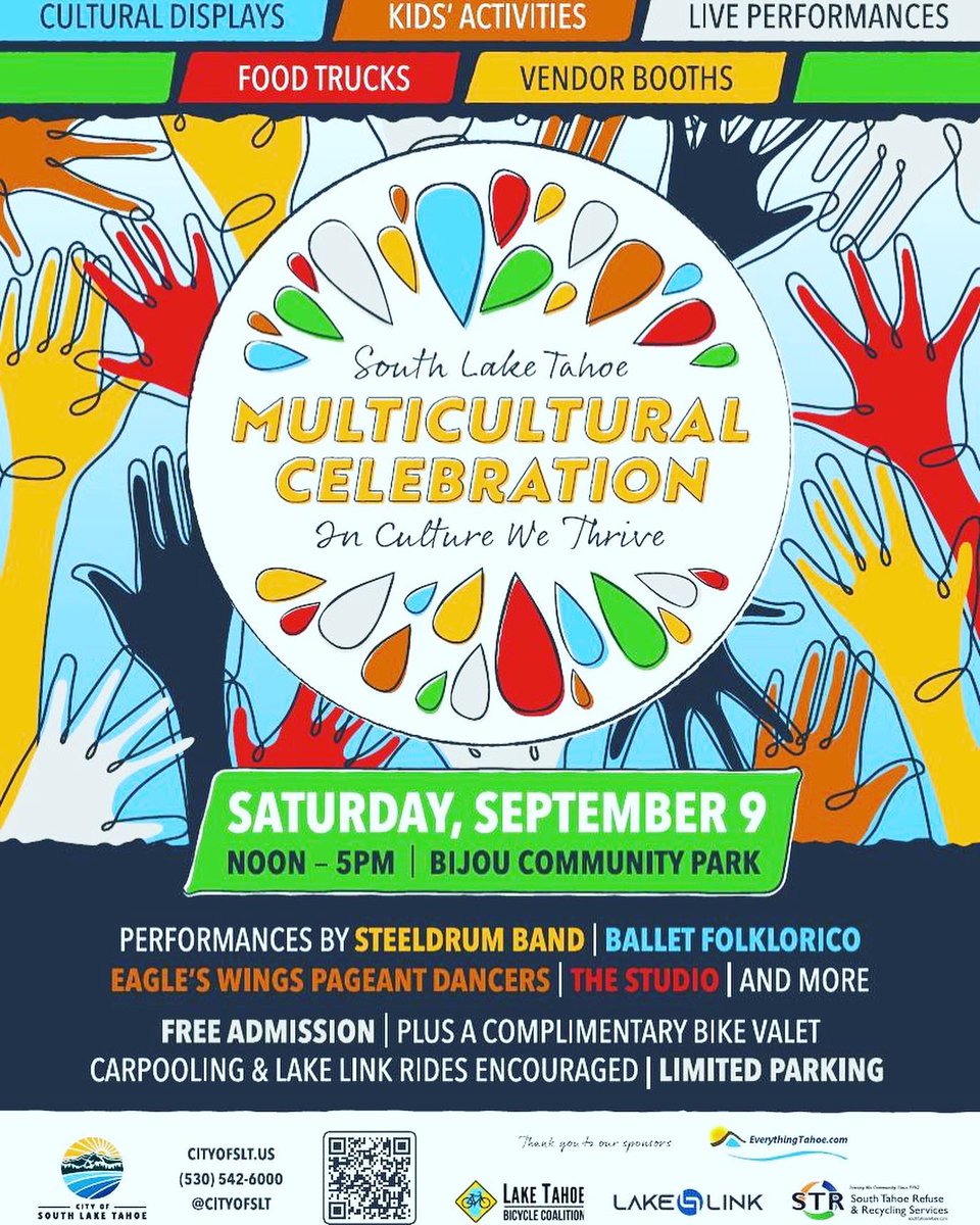 EverythingTahoe's tweet image. 2nd annual Multicultural Celebration is almost here! Celebrate all the different cultures in our community! Sat. 9/9 12-5 Bijou Park #familyevent #letscelebrateourdifferences #kidsactivities #liveperformances #foodtrucks #vendorbooths #southlaketahoe #laketahoe #everythingtahoe