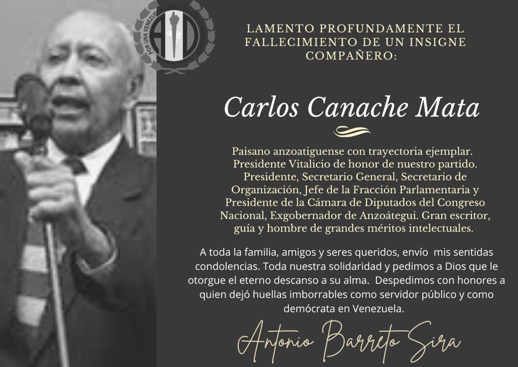 Hoy partió un insigne compañero, paisano, exgobernador de #Anzoátegui, parlamentario, escritor, quien dejó huellas imborrables como servidor público y como demócrata en #Venezuela. 
Despedimos con honores a Carlos Canache Mata. 
Hombre de grandes méritos en su trayectoria.