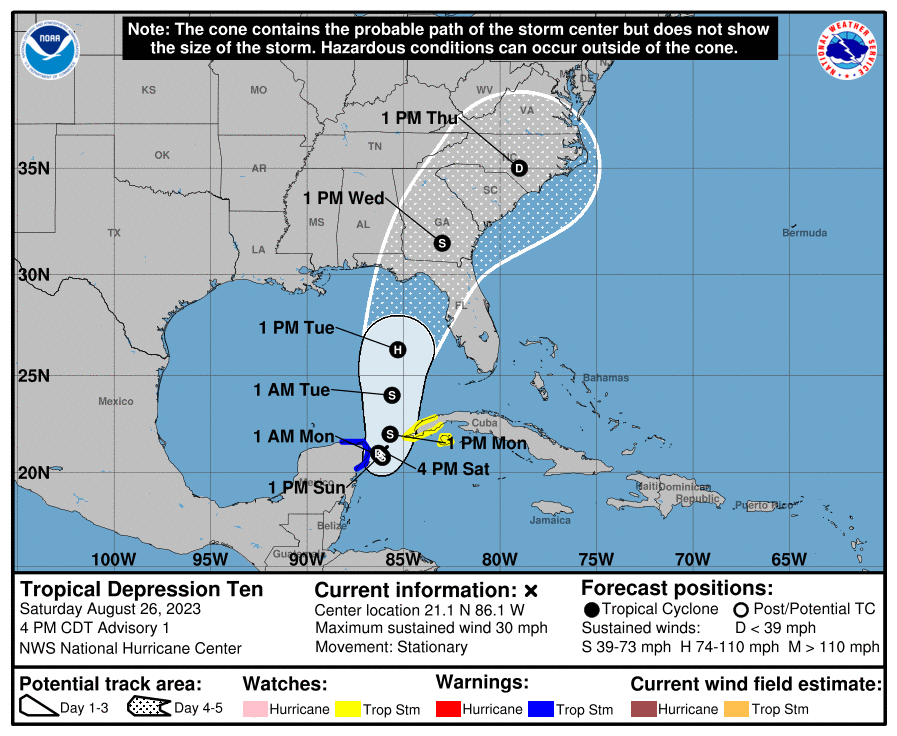 TxStormChasers's tweet photo. Tropical Depression #10 has formed off the Yucatan Peninsula. It'll sit there for a day but start moving north into the Gulf of Mexico on Tuesday as an intensifying cyclone. Potential for an impactful hurricane in Florida on Wednesday. We'll be there to document &amp; livestream. https://t.co/OvBEEQHflA
