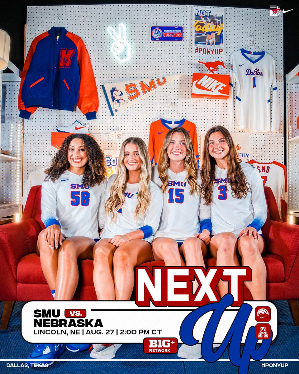 SMUVolleyball's tweet photo. 𝑵𝒆𝒙𝒕 𝑼𝒑! 👇🏽👇🏽👇🏽

🗓️August 27th 
🆚 Nebraska 
⏰2:00 PM CT 
🏟️ Lincoln, NE 

#PonyUpDallas | @SMUMustangs https://t.co/LC9U3a76IA