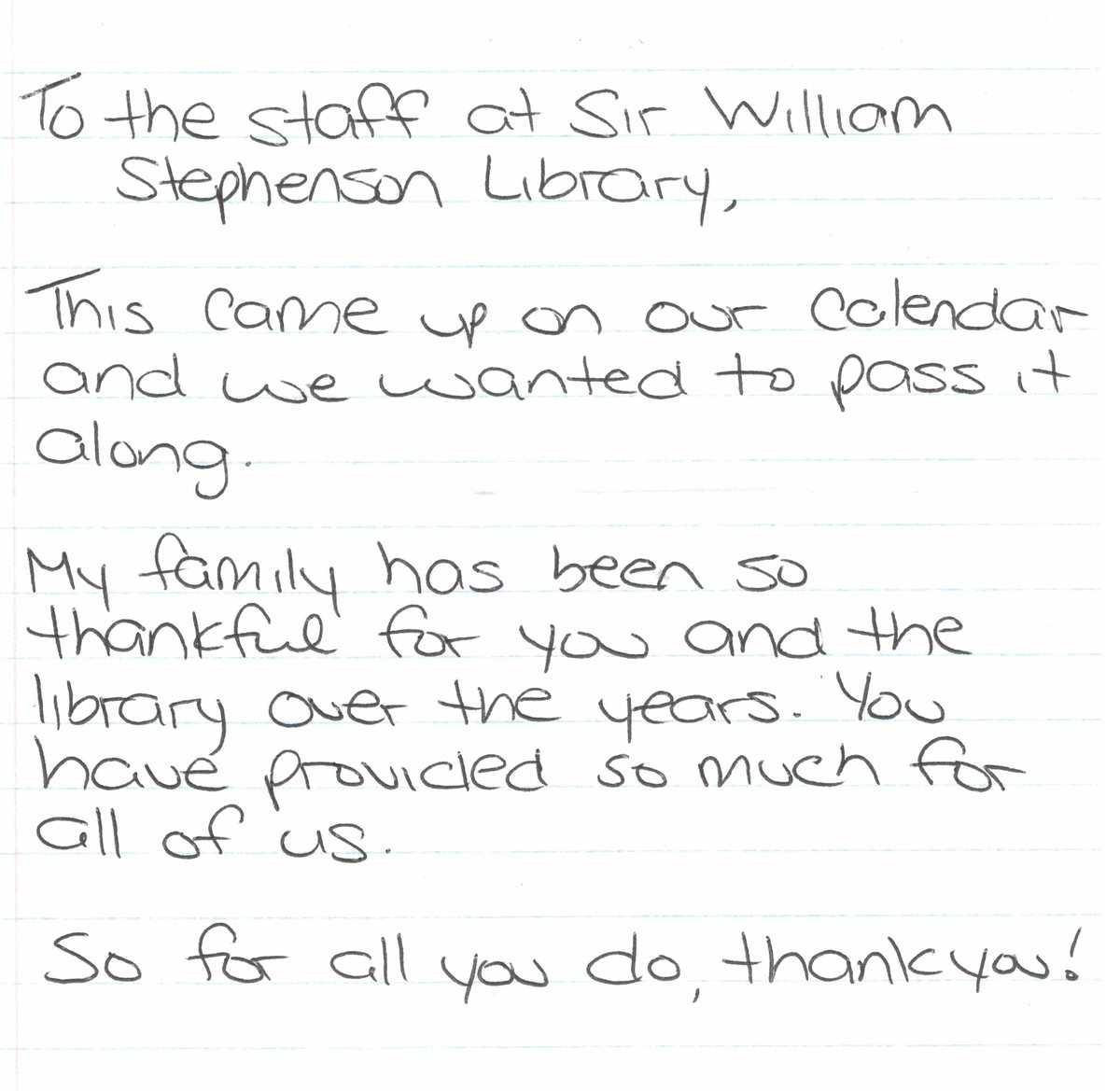 Thank you note in the book chute - August 22, 2023 at Sir William Stephenson Library