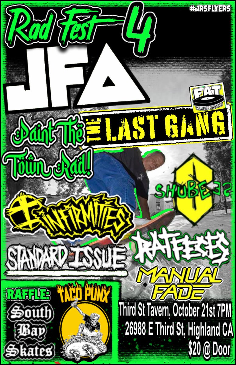 thelastgangband's tweet photo. ๐จHIGHLAND, CA๐จ
Playing at 3rd Street Tavern for #RadFest October 21st! See ya in Highland, friends!
#TheLastGang #radfest #JFA #painttownrad #shubees #manualfade #standardissue #ratfeces #infirmities #covertbooking #FatWreckChords #fatwreck #october #highland #california https://t.co/RKdsKIBDvN