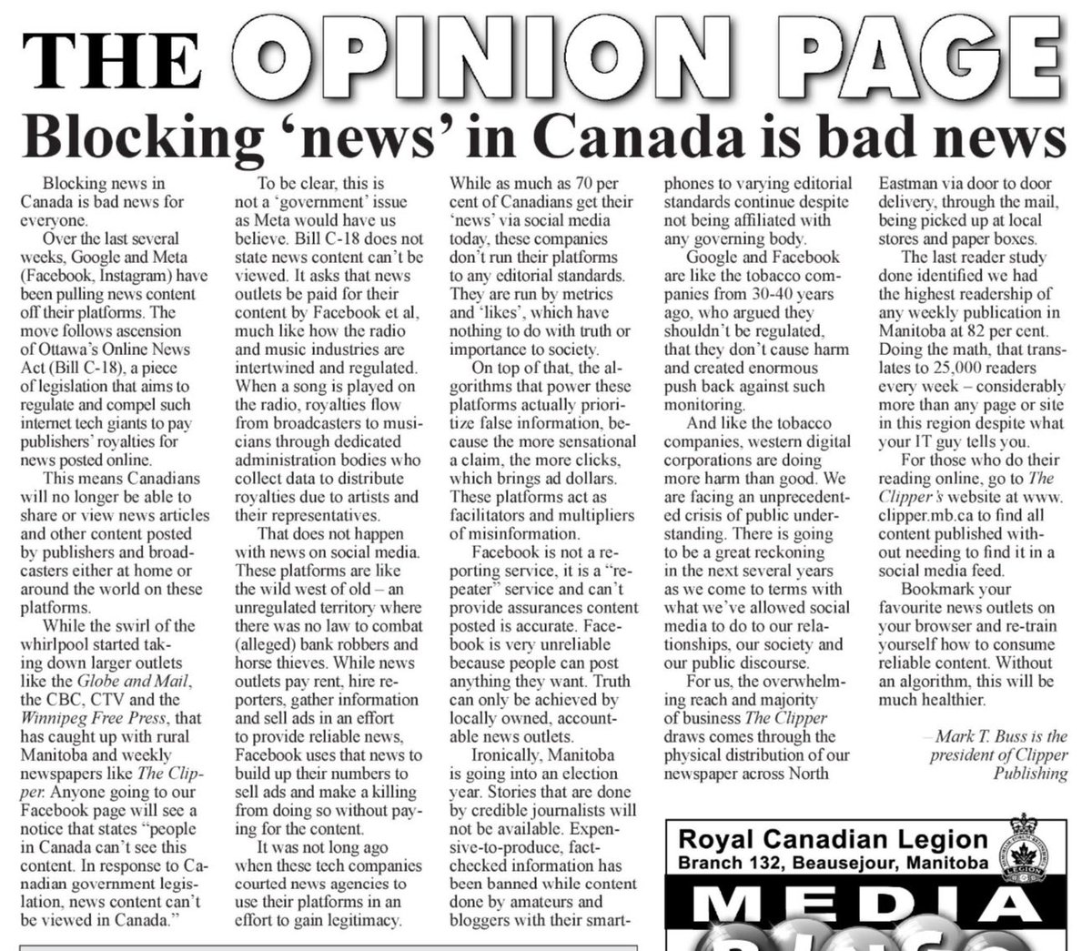 LarryUpdike's tweet photo. By now, many of you will have formed opinions about Facebook &amp; Google blocking Canadian news because of Bill C-18. Read this interesting perspective from a regional Manitoba publication, “The Clipper Weekly” from Beausejour &amp; Lac du Bonnet. (Written by Mark T. Buss @MarkBuss67) https://t.co/arXIuADNXE