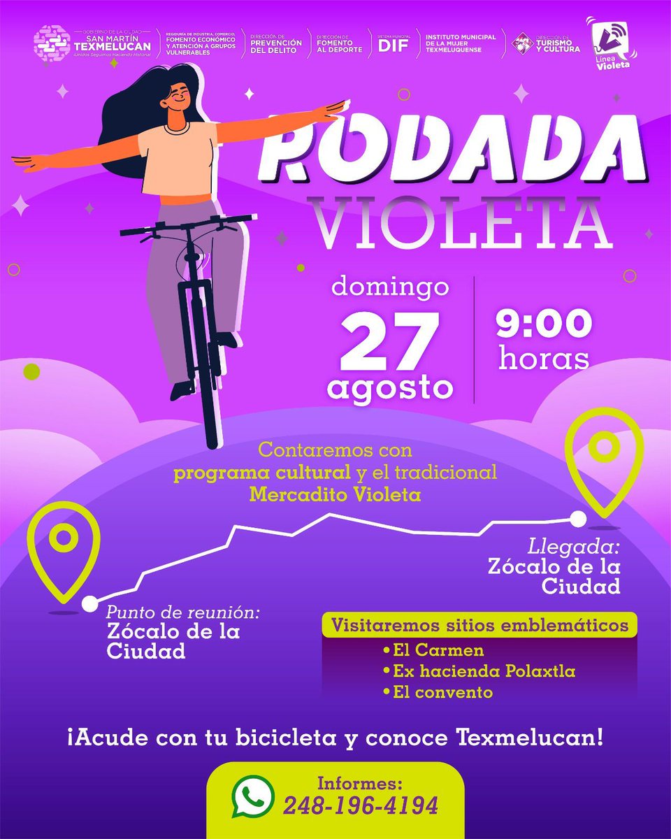 ArchivoTex's tweet photo. Este domingo 27 de agosto durante la #RodadaVioleta 💜 visitaremos: el Carmen, la Ex hacienda de Polaxtla y el convento. 🚴🚴‍♀️

📍Zócalo de la ciudad 
⏰ 9 a.m.

¡No faltes! https://t.co/fWLsLZxRWt