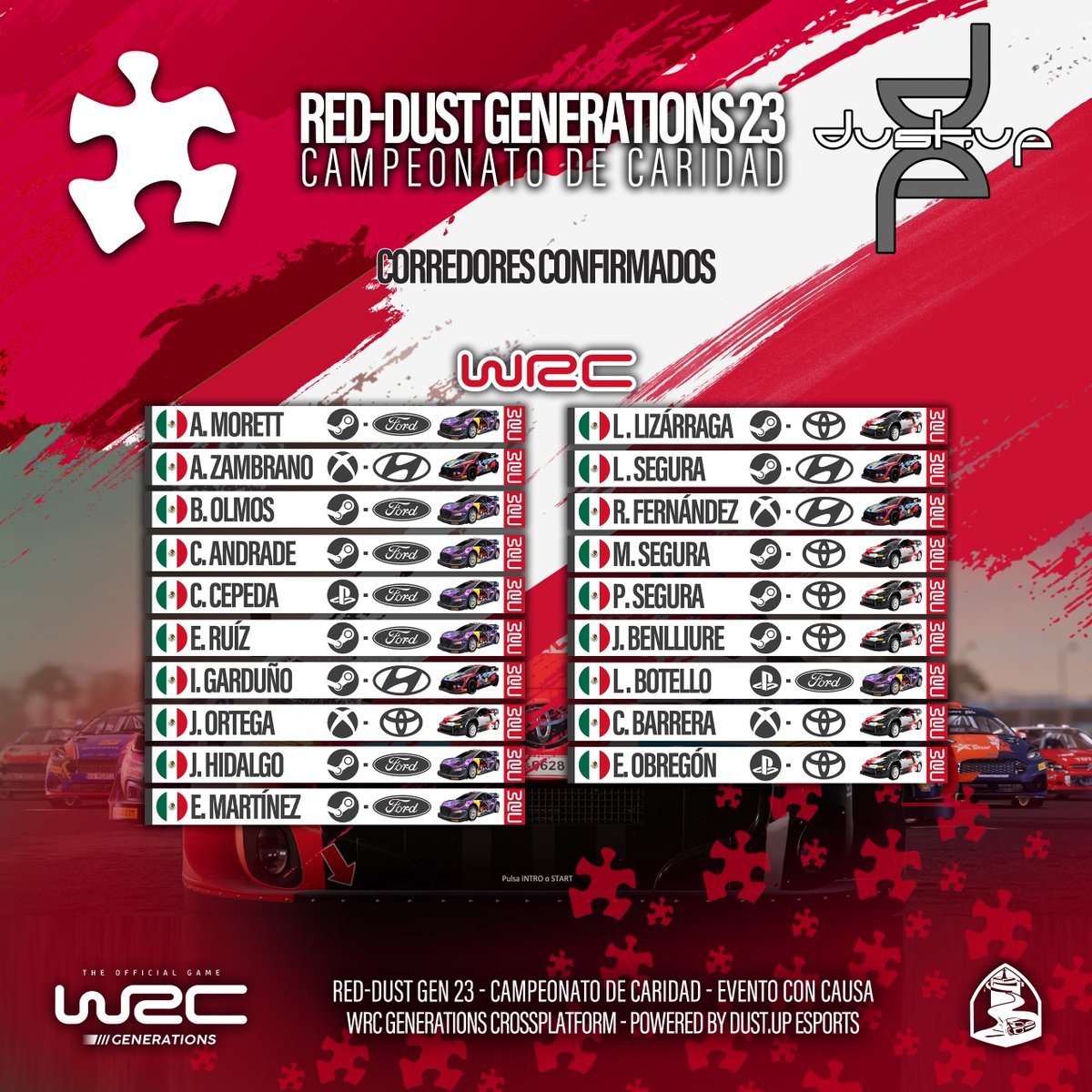 Dust_Up_eSports's tweet photo. 🚩RED-DUST GENERATIONS 23 ARRANCAMOS! 🚩
CATEGORÍA WRC1 LISTA!

Inscripciones abiertas!

Participa como corredor y/o colaborador en el campeonato de rallies virtual en WRC GENERATIONS mas grande del país!
Reglamento📄: https://t.co/TteLGg3uqN
Donaciones dentro del reglamento ⭐️ https://t.co/x8Y5ShSjDH