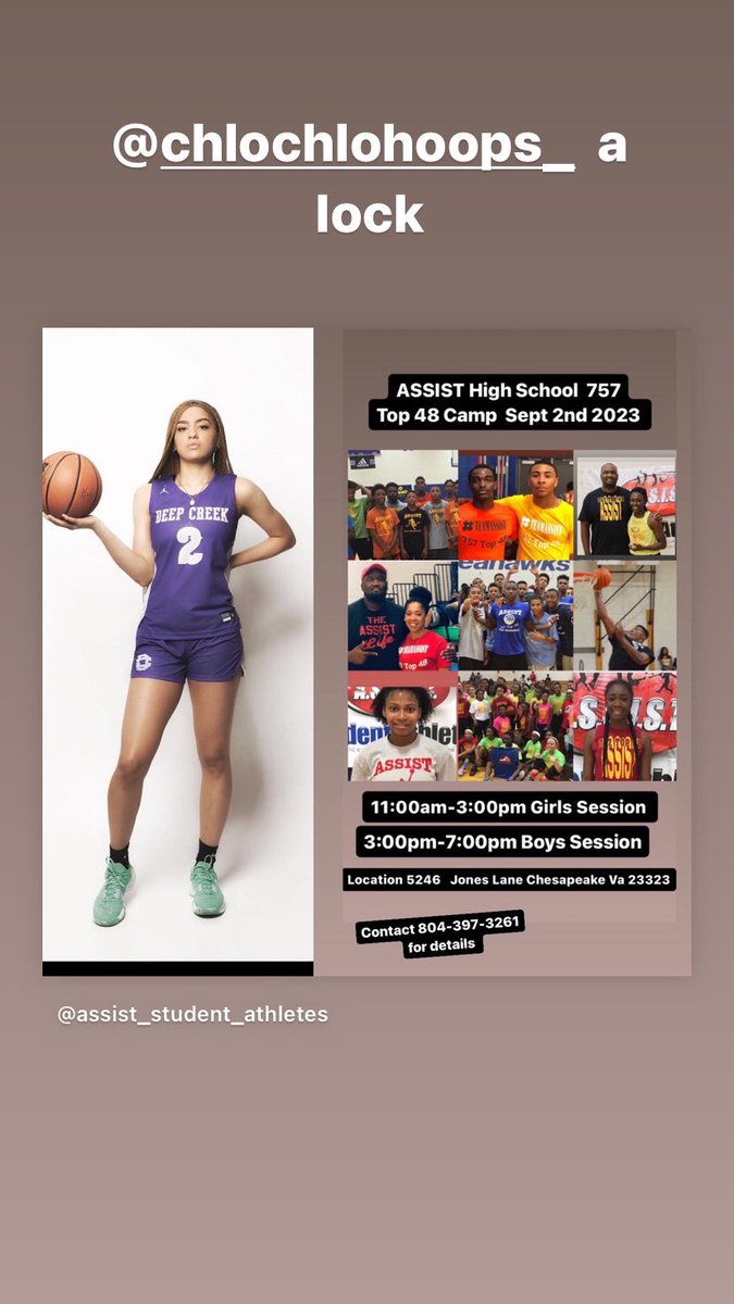 <a href="/Chlochlohoops_/">Chloe Beddingfield</a> Beddingfield Deep Creek will be participating in the Assist 757 Top 48 Camp !!!!!!! #wlcfoundation #assist757. Sept 2nd 2023  <a href="/CoachQVA/">CoachQ</a>  <a href="/Collins__Sports/">Anthony Collins</a>