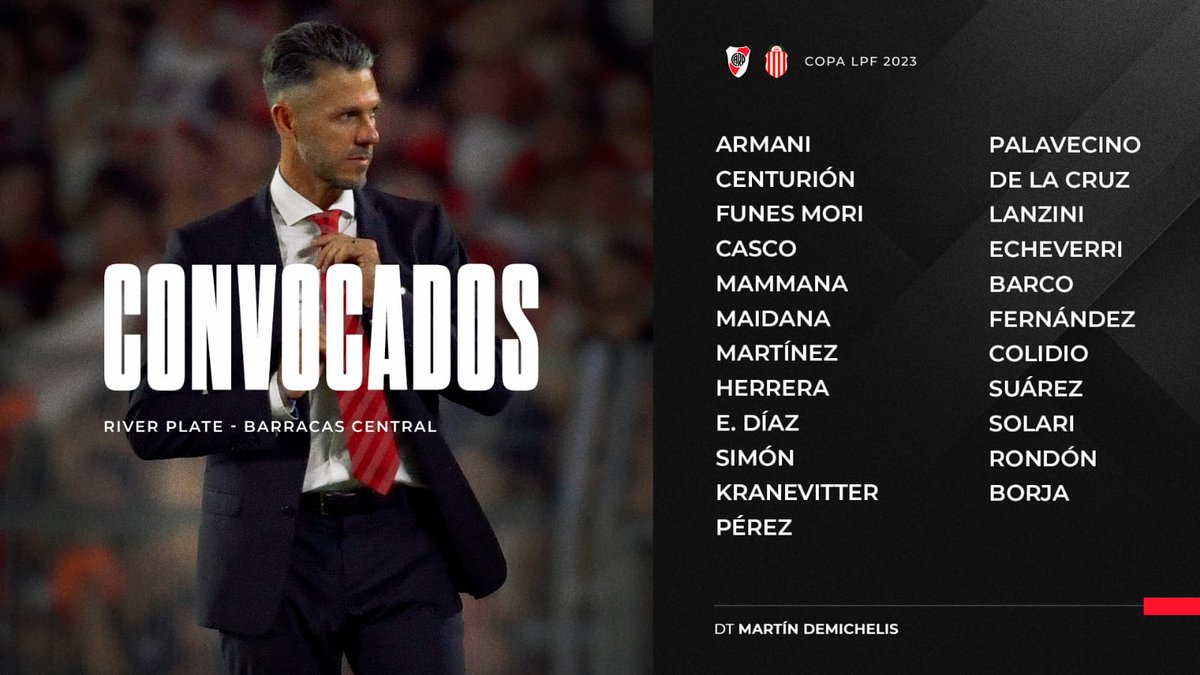 GoldeororadioOK's tweet photo. #RiverPlate || Citados 

Estos son los jugadores convocados para enfrentar a #BarracasCentral este domingo en el Mâs Monumental.

❌️ Aliendro, Pírez, P.Díaz y Pity Martínez lesionados

📷: @RiverPlate
✍️: @aleyanez1991

#CopaDeLaLiga #LigaProfesional #Afa https://t.co/PoYBuVqmwj