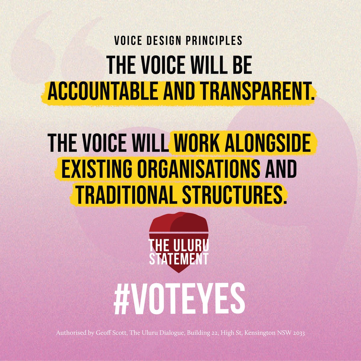 ulurustatement's tweet photo. The Voice means accountability &amp; transparency. It will work alongside existing organisations &amp; traditional structures to ensure our voices are heard, change happens &amp; that the status quo is no longer accepted. #VoteYes #VoiceToParliament #HistoryIsCalling https://t.co/axXtQWQlYx
