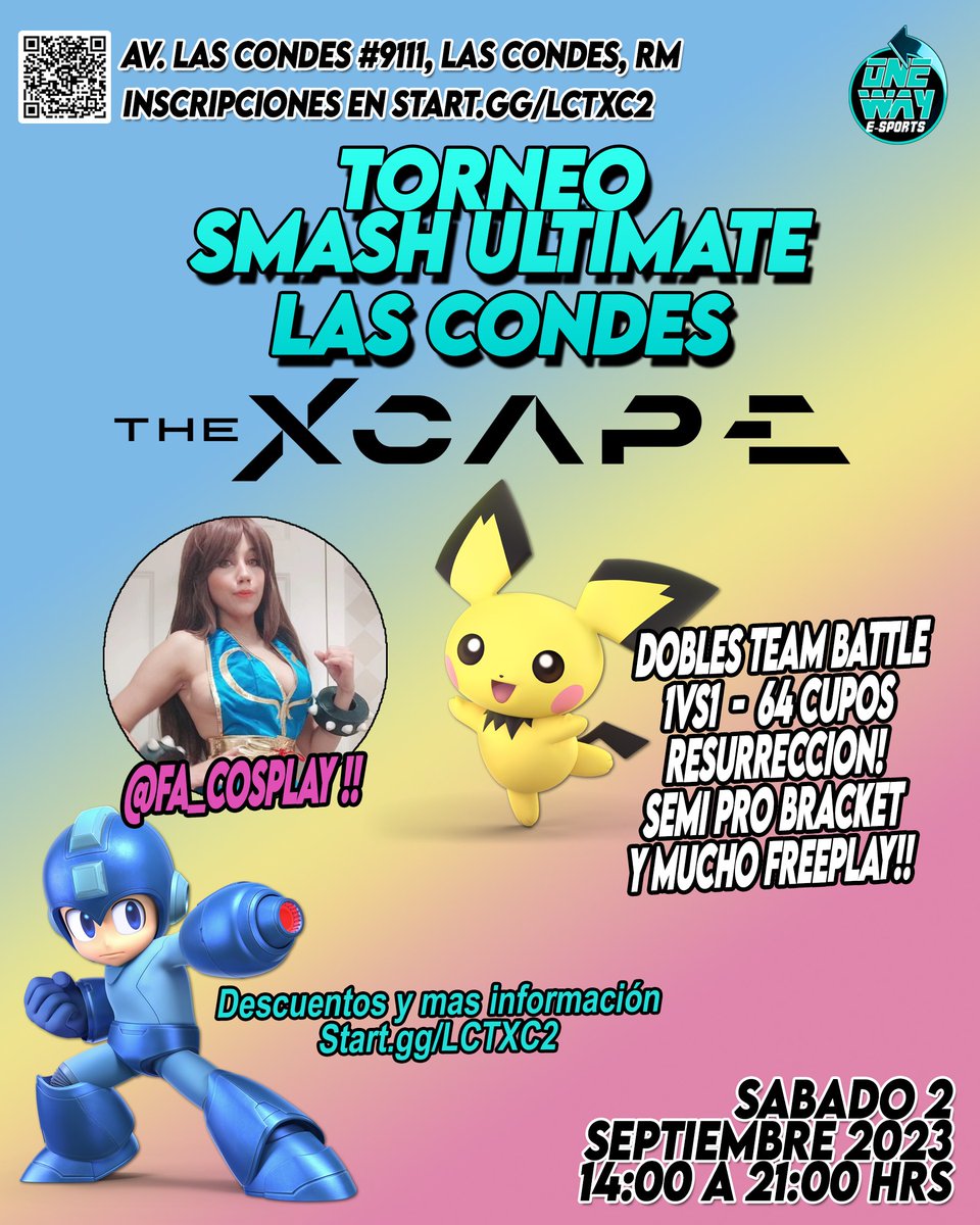 One Way en Las Condes!
Volvemos otra vez a este gran sector de la región Metropolitana, los dejamos invitados a esta gran jornada de Smash Bros Ultimate, junto a la gran Cosplayer y Animadora @fa_cosplay! 

Los esperamos, y pedimos por favor Preinscribirse con tiempo! ❤️🎮🇨🇱