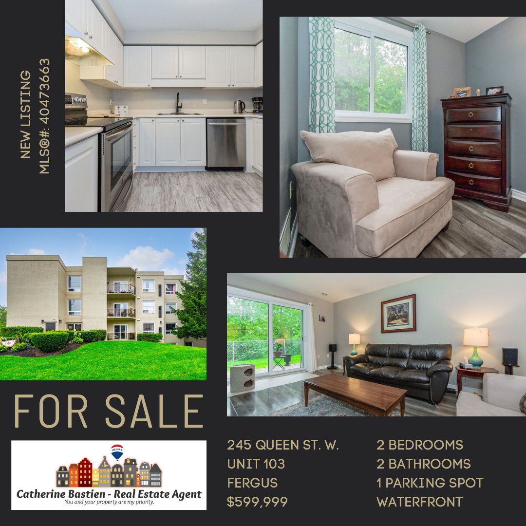 Large condo on the Grand River on a quiet dead end street. Main floor unit with a walkout to green space, and the river just below. 2 Bedrooms and 2 full baths. Many updates.Guaranteed parking spot. Clean, quiet and well cared for building. Fergus has everything!