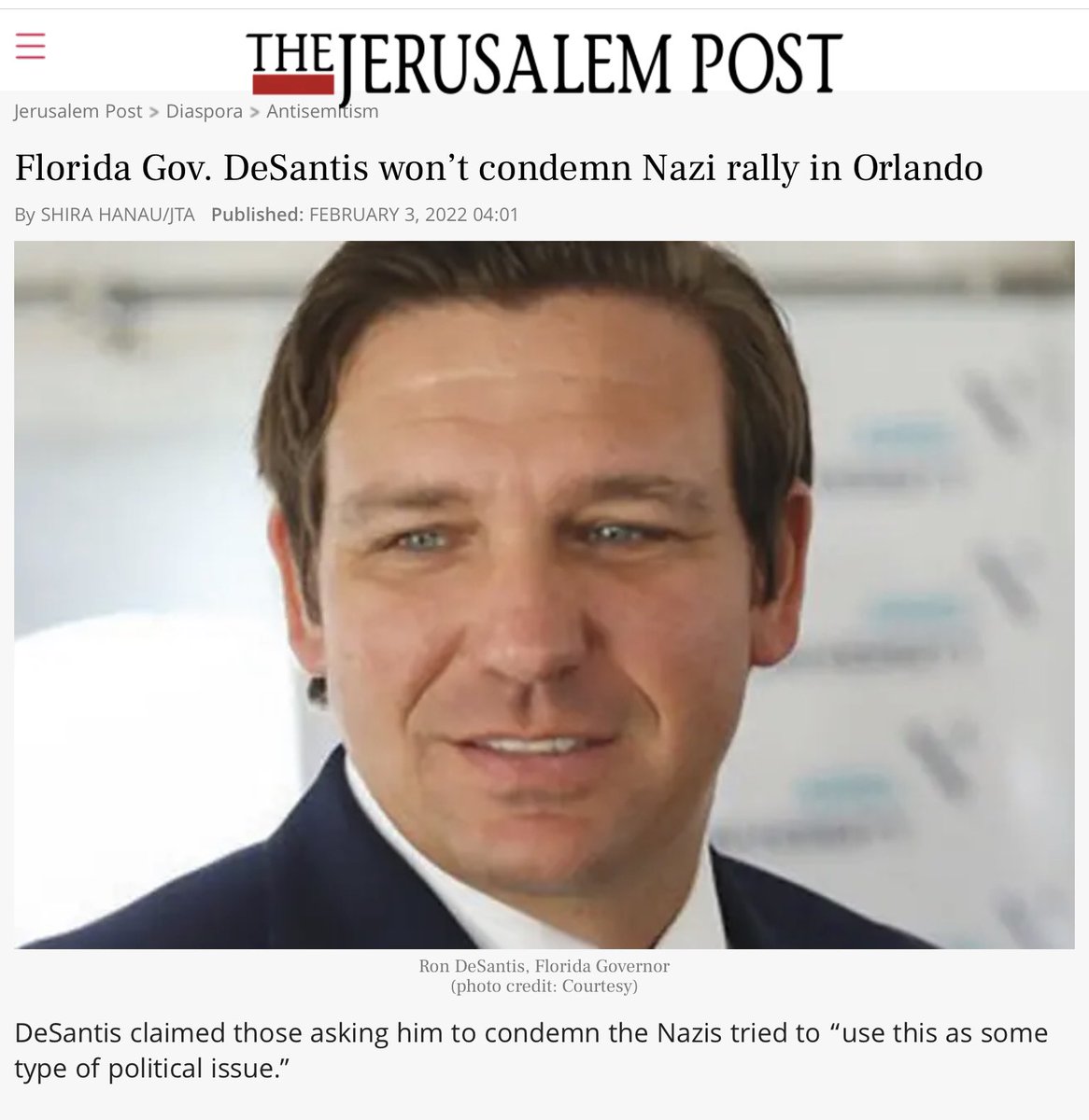 davegreenidge57's tweet photo. DeSantis has been asked, directly, to condemn his Nazi supporters. And they are his. They carry no one else but his name and display his image. The Jerusalem Post headlined this issue over 18 months ago. Since then the problem has become worse. The bottom left is Jacksonville. https://t.co/St6gGy9ikY