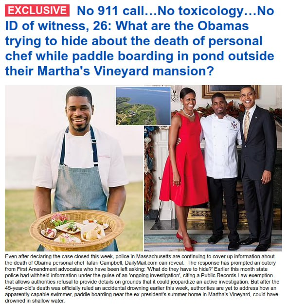 Police continue to cover up information about the death of Obama chef Tafari Campbell even after declaring the case closed this week. The response has prompted an outcry from 1st Amendment advocates who have been asking: What are they hiding? dailymail.co.uk/news/article-1…