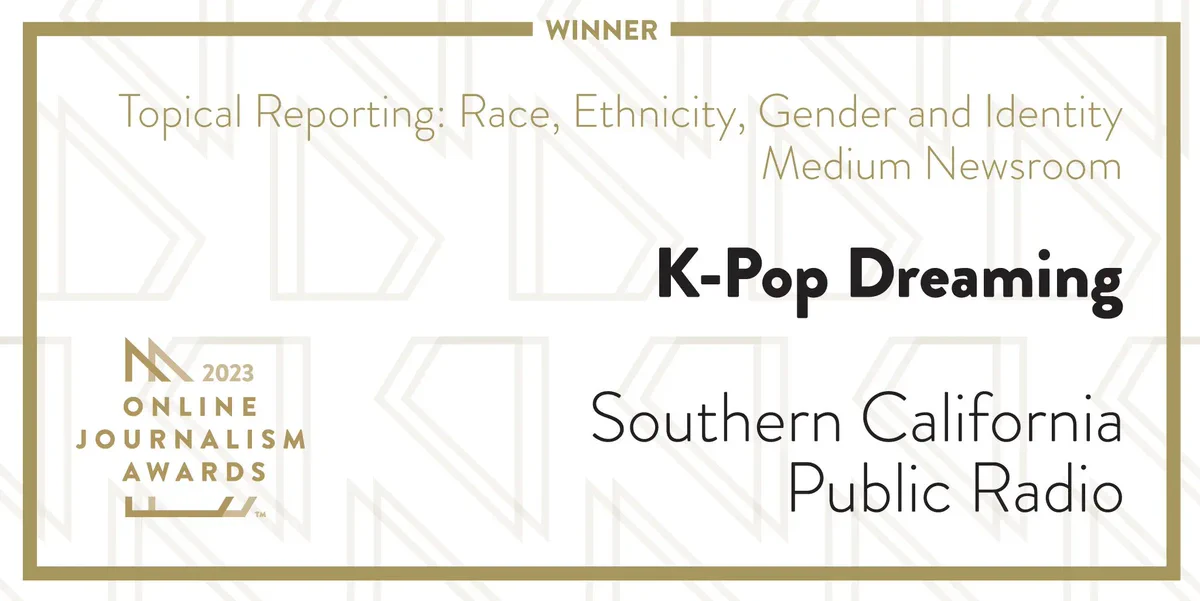 A promotional card that honors the winner in the Online Journalism Awards category Topical Reporting: Race, Ethnicity, Gender and Identity, Medium Newsroom.