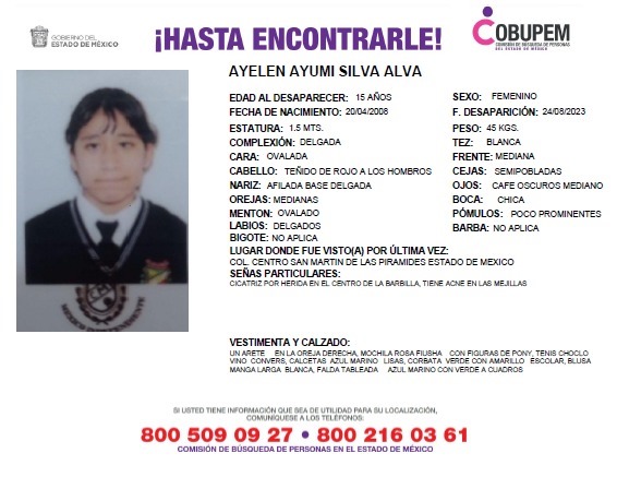 ⚠¡AYÚDANOS A COMPARTIR!⚠
 #ServicioSocial  🚨👇
Por favor, me puedes ayudar a compartir la búsqueda de Ayelen Ayumi Silva Alva, quien desapareció en la Col. Centro en #SanMartínDeLasPiramides, #Edomex. Por favor estamos desesperados por saber de ella.