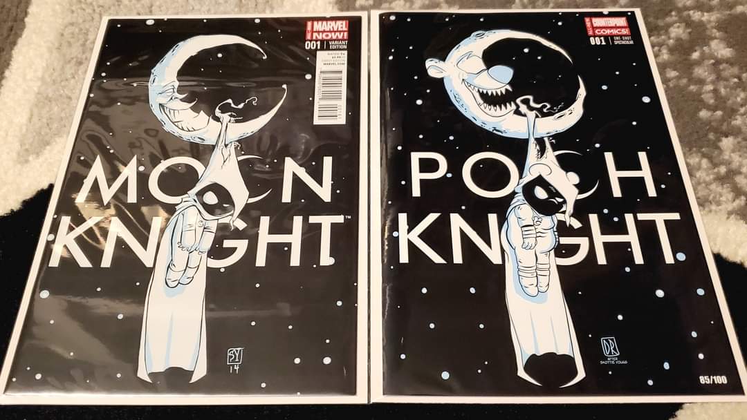 concept_odd's tweet photo. Got some nice additions to my PC. I scored a personal grail... the 2014 Skottie Young Moon Knight cover for just $20! Also, I found a funny Pooh Knight cover the same week. These go perfectly with the homage sketch card I made earlier this year 🌙

#oddconceptmedia #MoonKnight https://t.co/DJcFIPOo2M