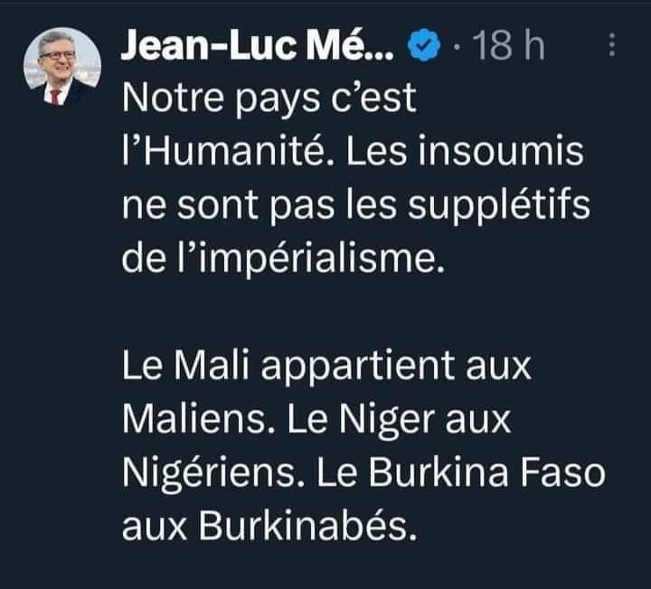 Les nigériens que nous doivent comprendre que notre combat n’est pas contre les français encore moins sa presse (journalistes français) mais sa politique et son double langage en Afrique. <a href="/JLMelenchon/">Jean-Luc Mélenchon</a> tu es le Président du monde.