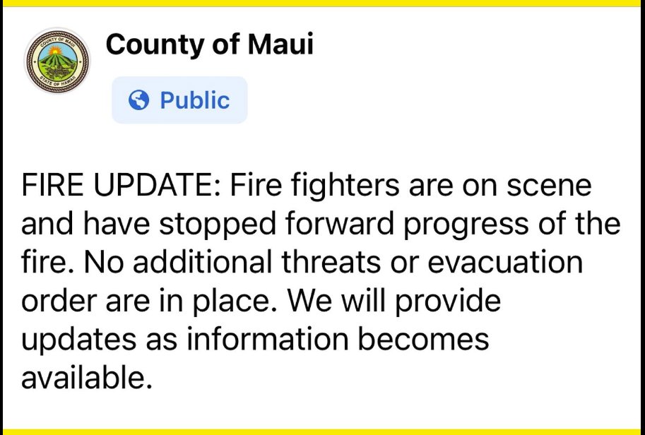 Hawaii_EMA's tweet photo. Maui County Fire Department has halted progress of Ka'anapali fire. No additional evacuations in place -- more info to come. https://t.co/krOU7Rs4Tz