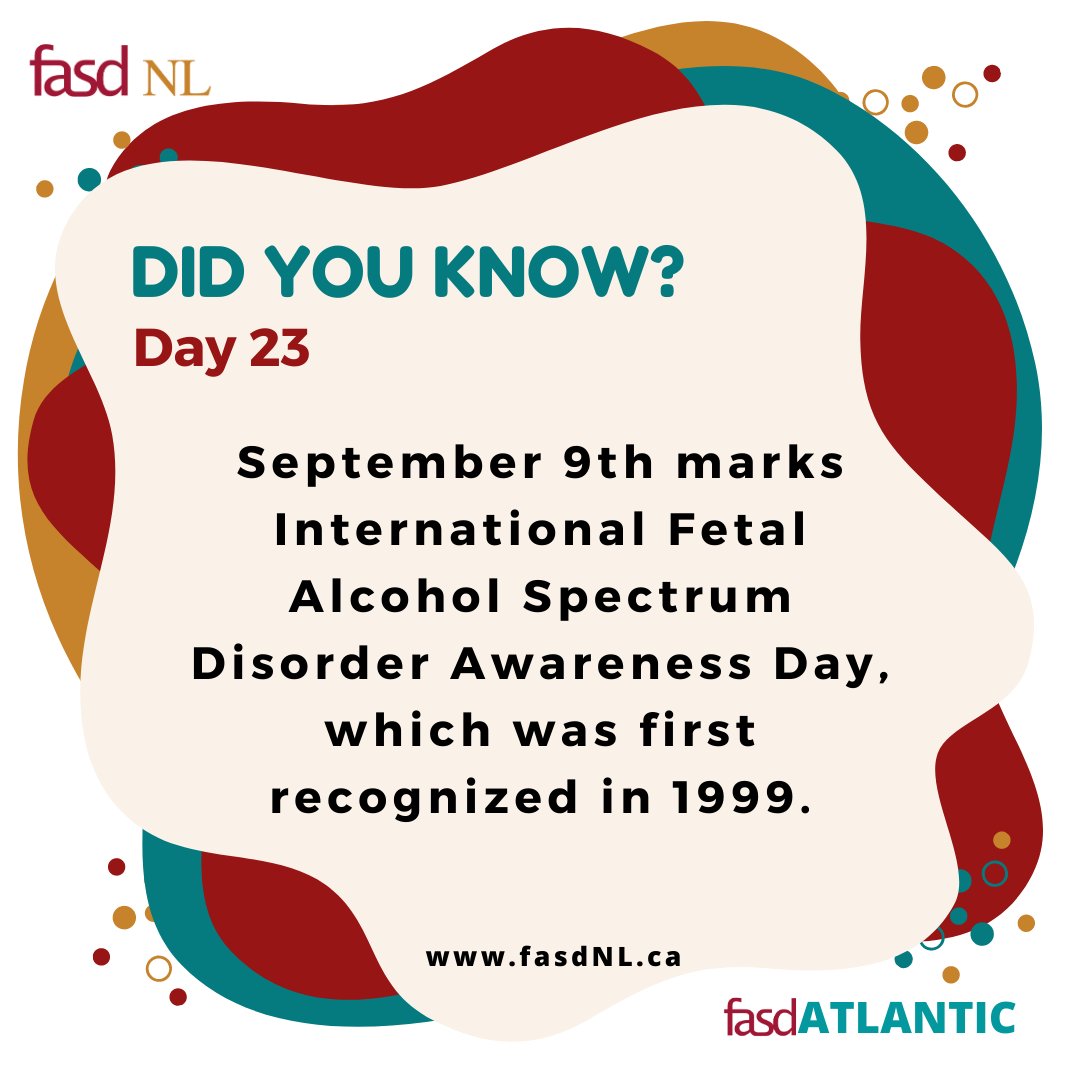 FASDNL_Team's tweet photo. #DidYouKnow: Day 23!

September 9th marks International Fetal Alcohol Spectrum Disorder Awareness Day, which was first recognized in 1999.

Tomorrow marks the beginning of #FASD Awareness Month, which means only 9 more days until FASD Awareness Day!

#FASDfact 🧠 https://t.co/ovYKXtrWKp