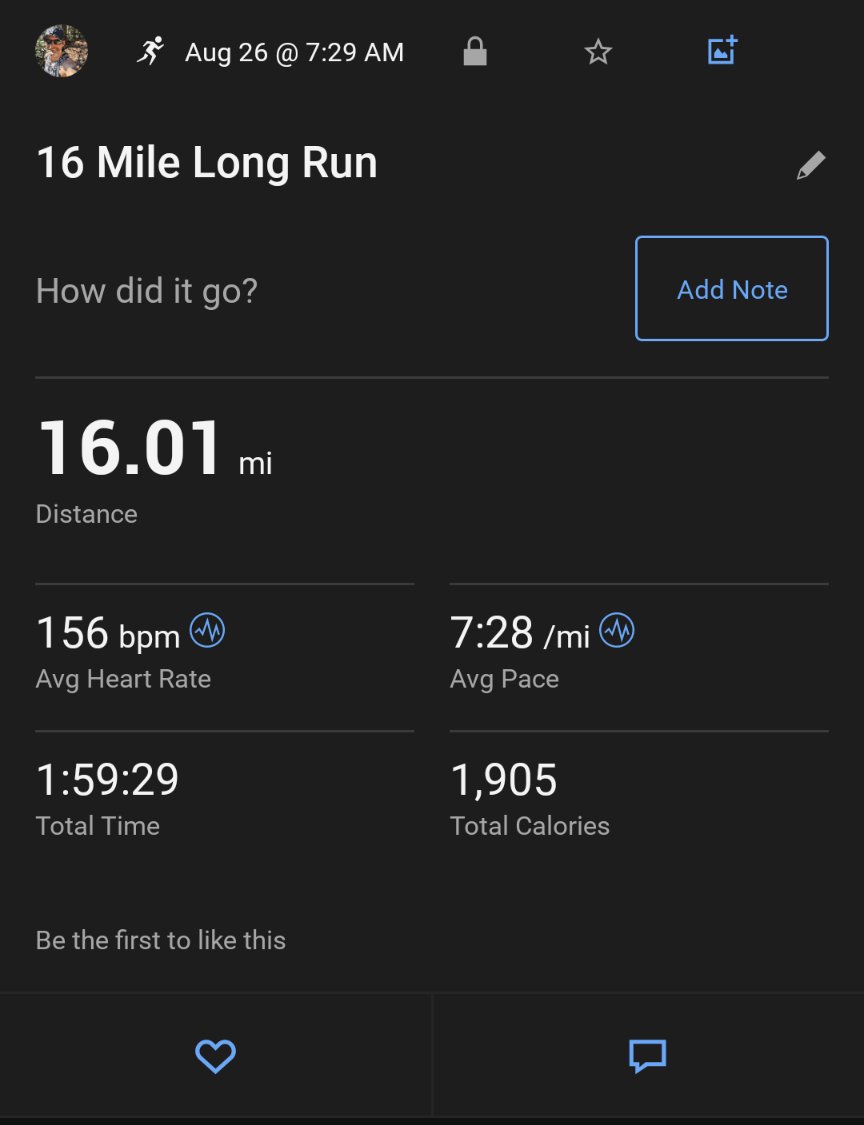 Hard to believe that I was able to maintain this pace today with an average heart rate of 156. So excited for October 1st!