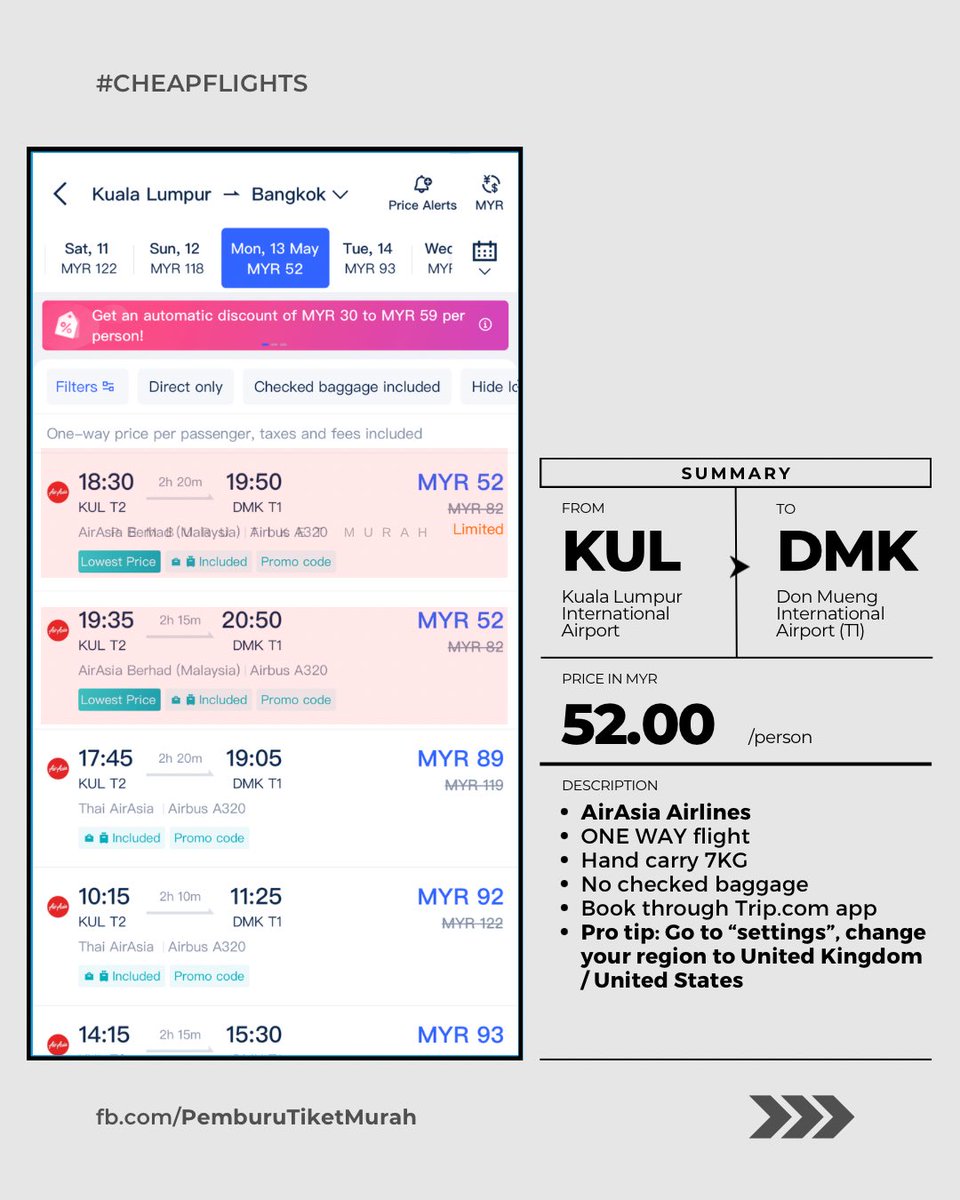 pmbrutiketmurah's tweet photo. KUL - Bangkok RM52
KUL - Krabi RM42
KUL - Krabi - KUL: RM130

SAMBAR SEGERA! LAMBAT…TINGGAL!⚡️

Cara beli:
1. Buka app Trip(dot)com
2. Pergi dekat “settings” dan tukar region kepada United Kingdom / United States
3. Cari tiket macam biasa dan terus sambar!
https://t.co/KdDqezgSkn