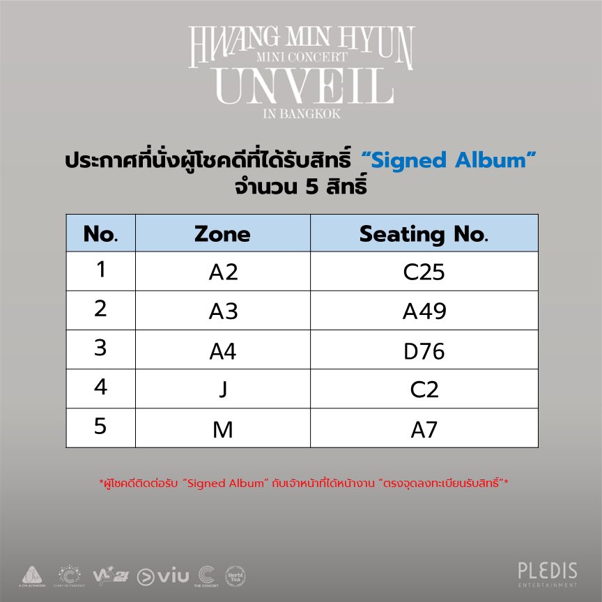🔉 ประกาศที่นั่งผู้โชคดีที่ได้ได้รับสิทธิ์ 
"Signed Album" จำนวน 5 สิทธิ์ 

*ผู้โชคดีติดต่อรับ “Signed Album” 
กับเจ้าหน้าที่ได้หน้างาน “ตรงจุดลงทะเบียนรับสิทธิ์” *
 
2023 HWANG MIN HYUN MINI CONCERT <UNVEIL> IN BANGKOK

📅2023.09.02 SAT 
📍INDOOR STADIUM HUAMARK

#황민현
