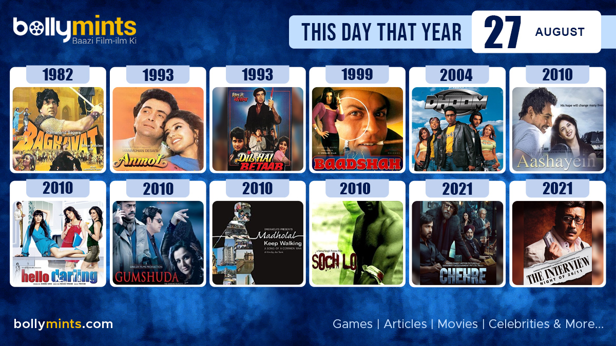 Here are the few #BollywoodMovies released on this day. Stay tuned at bollymints.com for more #updates #ThisDayThatYear #27August #Baghavat #Anmol #DilHaiBetaab #Baadshah #Dhoom #Aashayein #HelloDarling #Gumshuda #MadholalKeepWalking #SochLo #Chehre #TheInterview