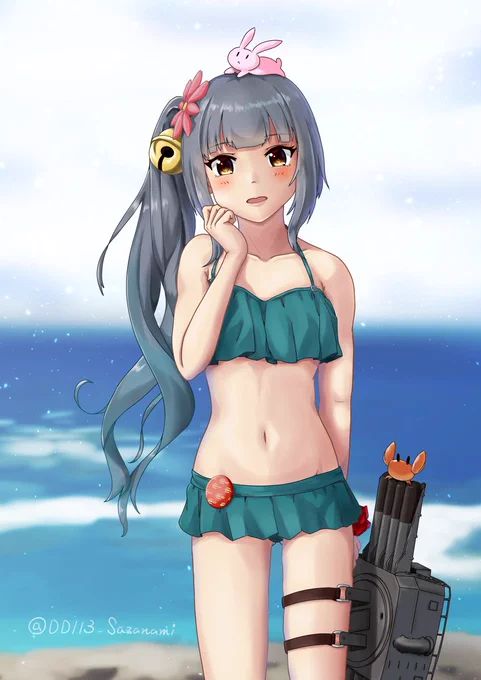 霞ちゃん(第七駆逐隊)。夏の終わり、海岸沿いにたたずむ霞ちゃん。全身版はpixivにUPしてあります#艦これ #霞 
