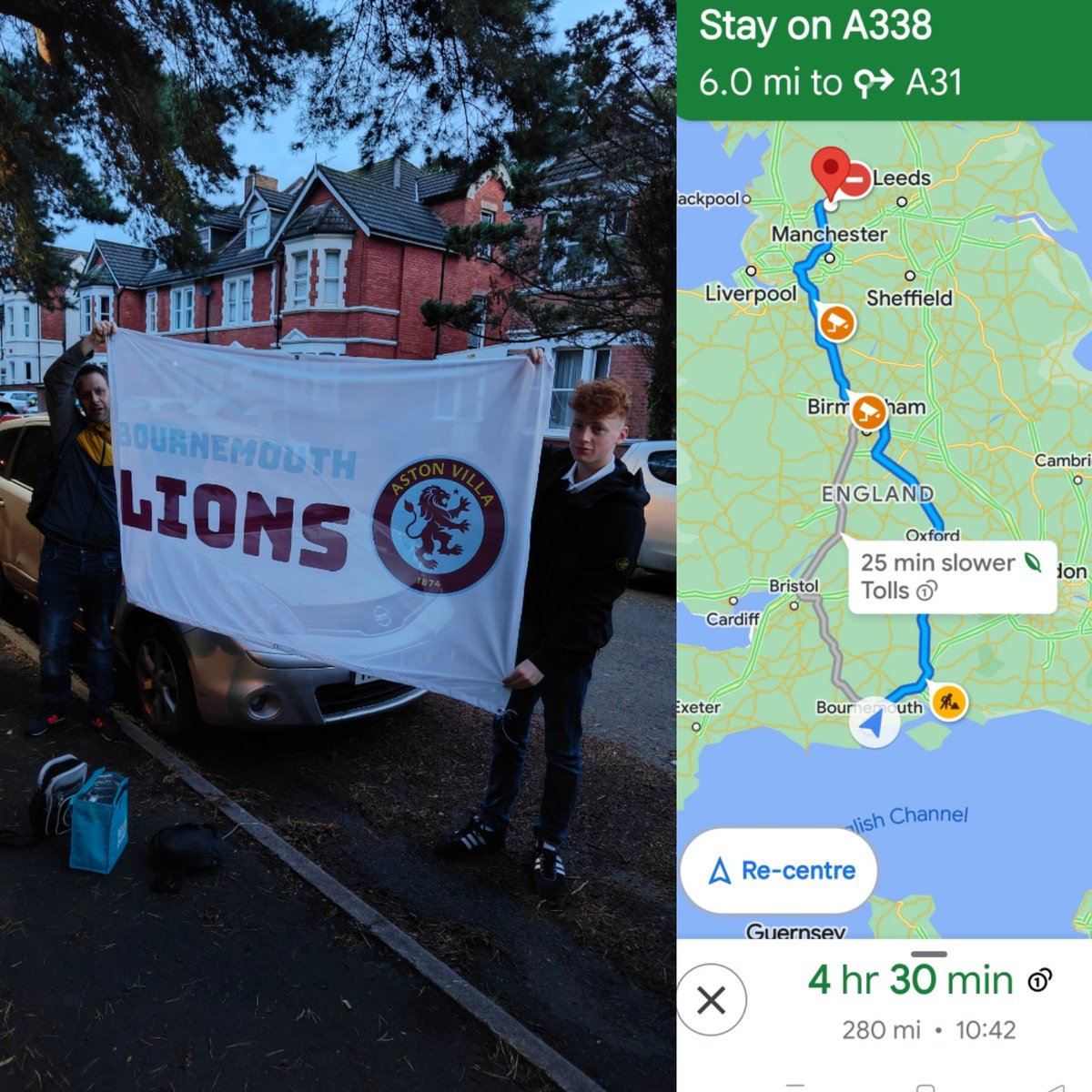 dwf82's tweet photo. 6am start for the chaps today. Burnley away. El presidente at the wheel. Multiple service areas await  #avfc #bournemouthlions https://t.co/r0LxGVCoa4