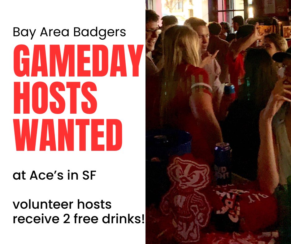 BayAreaBadgers's tweet photo. Free drinks for game day host volunteers - DM us for more details! https://t.co/3Ct7Qeut6d