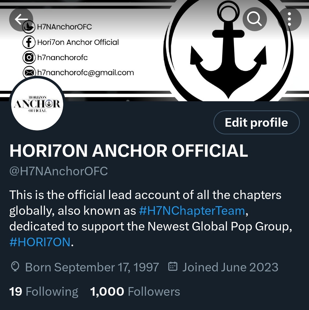 H7NAnchorOFC's tweet photo. Wow! HORI7ON ANCHOR OFFICIAL reached its first 1,000 followers. Thank you for your trust to the whole #H7NChapterTeam.

We will always do our best to make Anchorville more colorful and successful.

#HORI7ON #호라이즌
#WeAreOneForSeven
@HORI7ONofficial https://t.co/yIig0fGApL