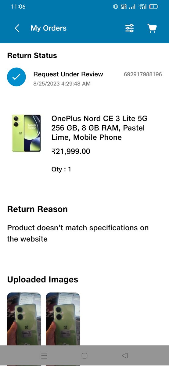 Return request has been placed on 25th Aug'23 (within 2 days of delivery)

It's not yet picked up, hence my refund is stuck too.

Wat takes it so long? <a href="/JioCare/">JioCare</a> <a href="/reliancejio/">Reliance Jio</a> <a href="/JioMart/">JioMart</a> <a href="/JioMart_Support/">JioMart Support</a> pls update and expedite