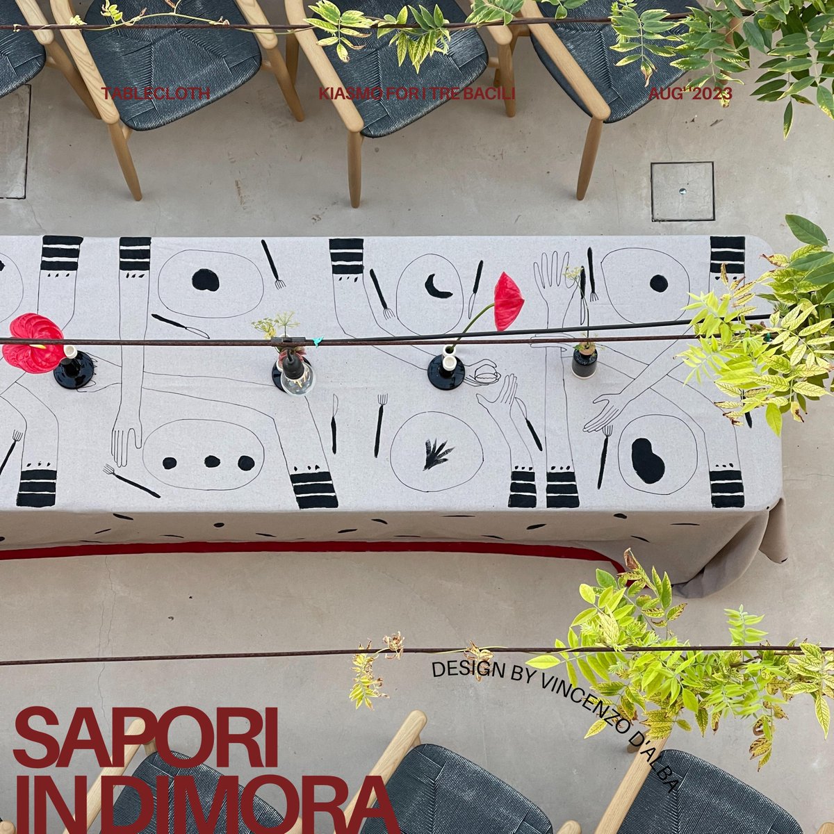 Arte, cibo e ospitalità in un progetto dove l'antico mediterraneo si fonda con la contemporaneità.
La tovaglia e le ceramiche sono unite da un unico segno  di <a href="/Vincenzo_DAlba/">Vincenzo D'Alba</a> 
<a href="/kiasmo_/">Kiasmo</a> firma così la sua tavola prodotta in collaborazione con I Tre Bacili 
kiasmo.it