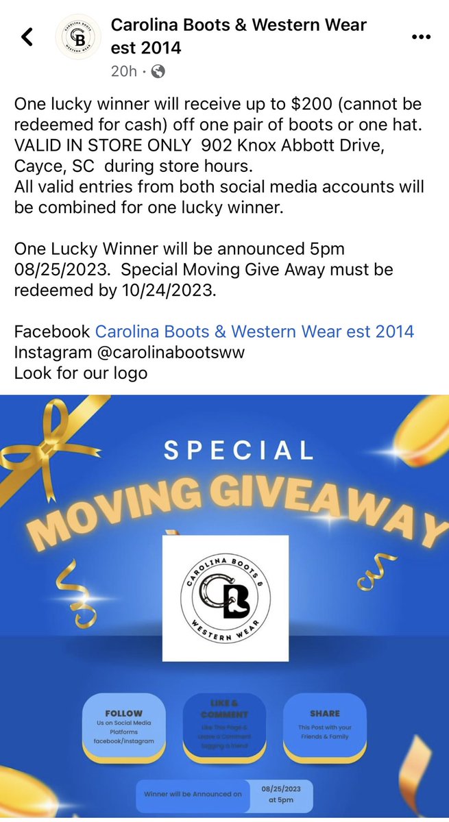 JeffOShields2's tweet image. I spent this Saturday picking out hats! 🤠 I won a $200 Giveaway Contest from #CarolinaBootsAndWesternWear in Cayce, SC! Thanks to this outstanding local business for their generosity!!! #SupportLocalBusiness #CayceSC #WesternWear 
 g.co/kgs/F8X3RF