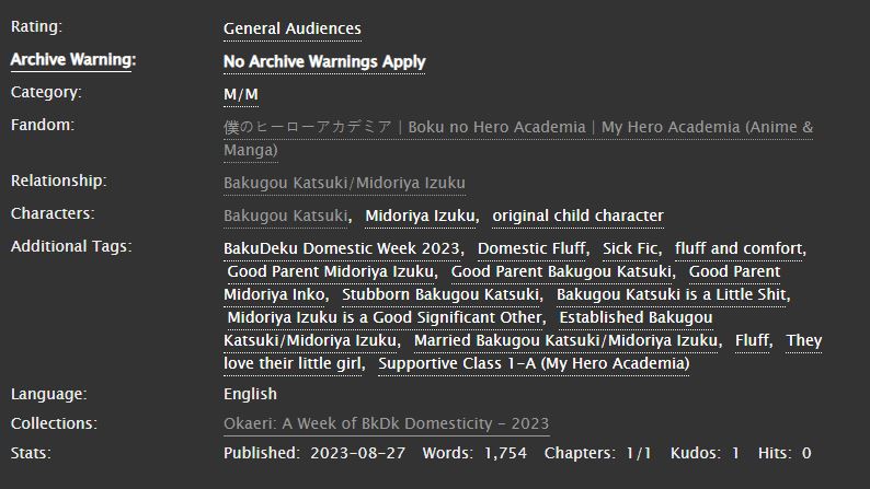 Day 6 of #domesticbkdkweek2023 #okaeri2023 #domesticbkdkweek is released!! Hope ya'll like it! Izuku's got his hands full, poor thing. 💚🧡
archiveofourown.org/works/49654849