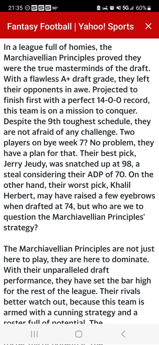 Marc_Harris3's tweet image. I've never seen a projected 14-0 for fantasy football. Now, will my drafted team perform like the projection is the question. #YahooFantasyFootball