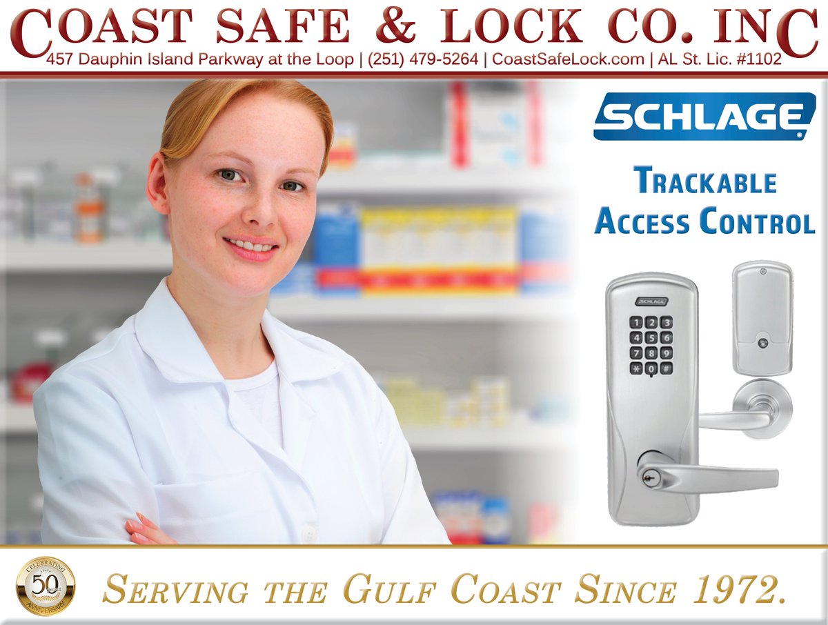 CoastSafeLock's tweet photo. Coast Safe &amp; Lock is Mobile’s source for #Schlage Keypad Programmable Locks. Compatible with most key systems and exit devices, you can assign up to 500 PINs on the Schlage CO-100 to monitor traffic in secure locations. So, contact Coast Safe &amp; Lock for a free estimate today. https://t.co/msXOO33ta1