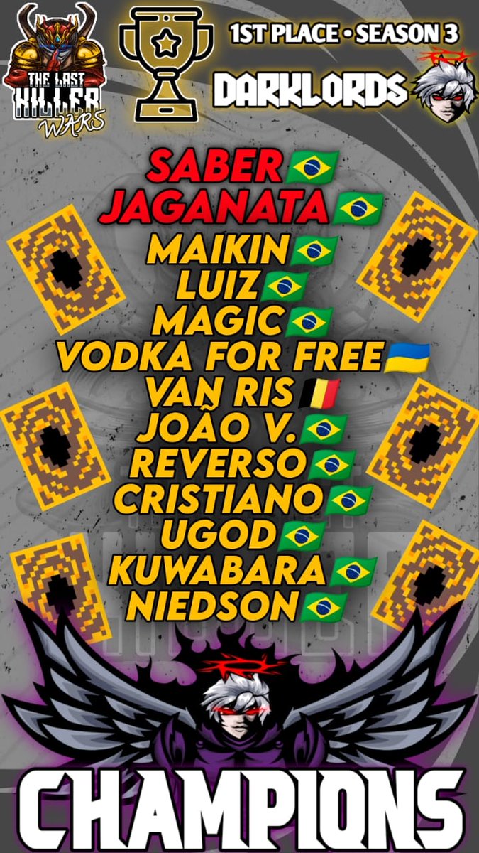 🏆 É CAMPEÃOOO🏆 Parabéns a TODOS os Envolvidos por mais essa Conquista. Obrigado por dedicaram seu tempo e esforço, para nos Sagrar Campeões da LKW.
E que Venha muito mais!!!Temos um Grupo Maravilhoso,as Vitórias são Consequência de um Bom Trabalho de TODOS.
GO DARKLORDS!!!🎉🎊