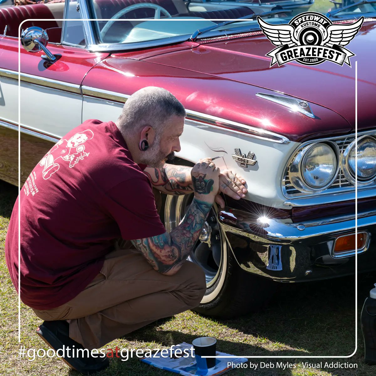 Looking back to the good times at GreazeFest 2023, Kane'o Custom Kreations laying some fresh stripes, photographed by Deb Myles, Visual Addiction.

#greazefest #greazefest2023 #kustomkulture #goodtimesatgreazefest