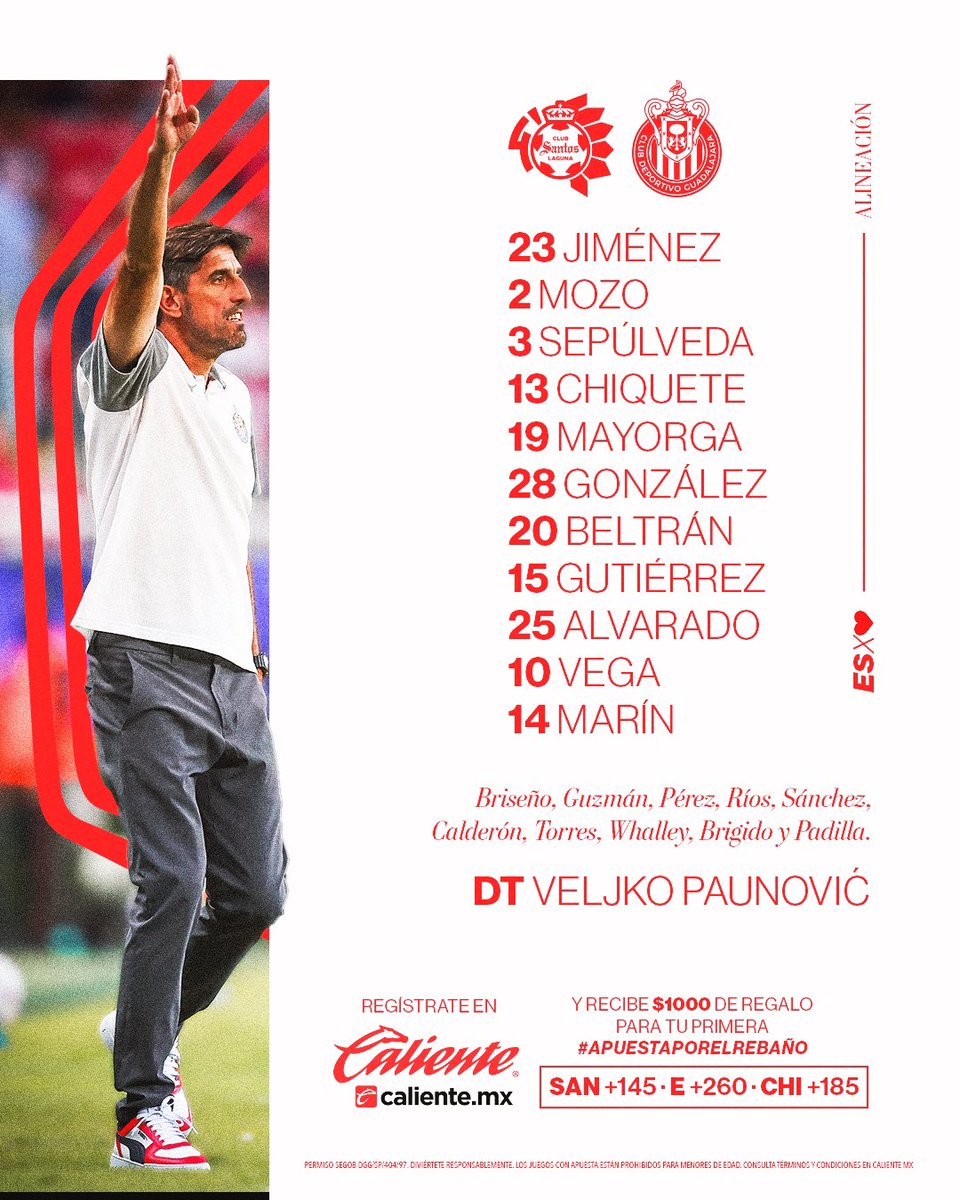 Chivas's tweet photo. 🇫🇷 ¡ESTE ES EL XI DEL GUADALAJARA QUE SALDRÁ A DEFENDER ESTE ESCUDO EN TORREÓN! 🇫🇷

¡VENGAAA, CHIVAAAAAAS! 🐐

#ApuestaPorElRebaño en @calientesports 🔥📲
👉 https://t.co/lW6iHG8HYM https://t.co/iqyJqrKsNy