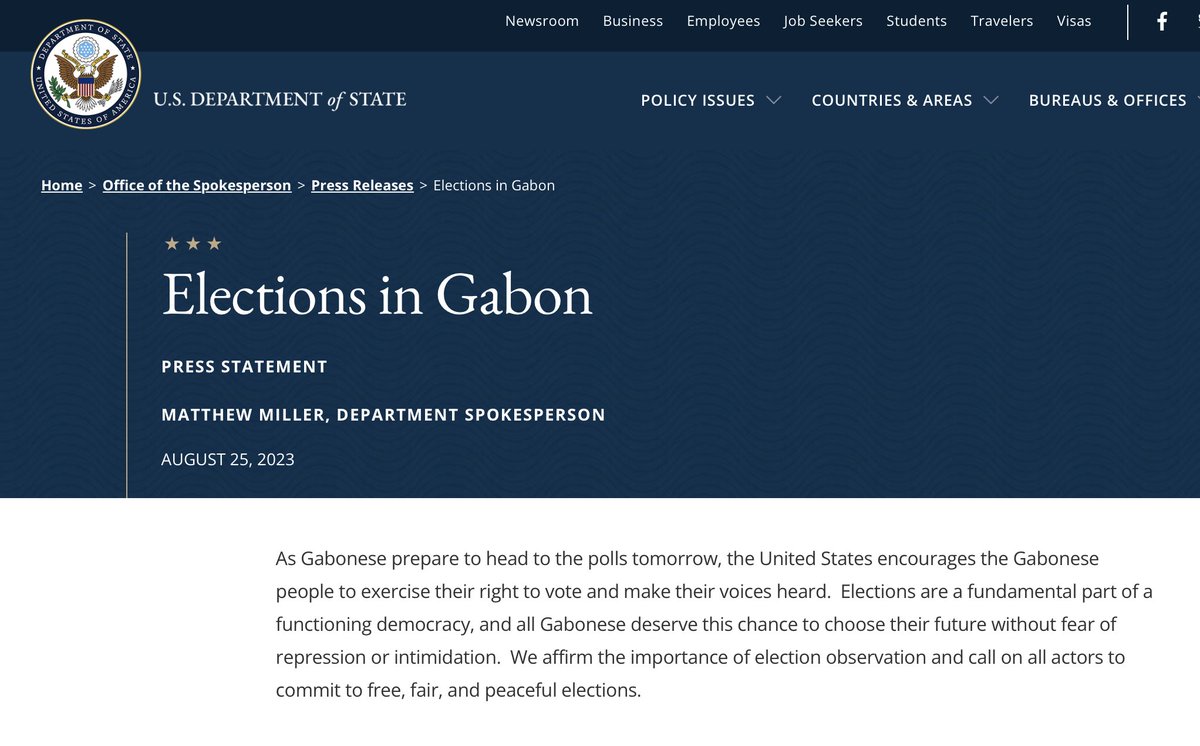 The day after Trump's Georgia arrest, Biden's State Department released an official statement affirming the 'importance of election observation' and political participation 'without fear of repression or intimidation' in the country of Gabon. It's so in your face.